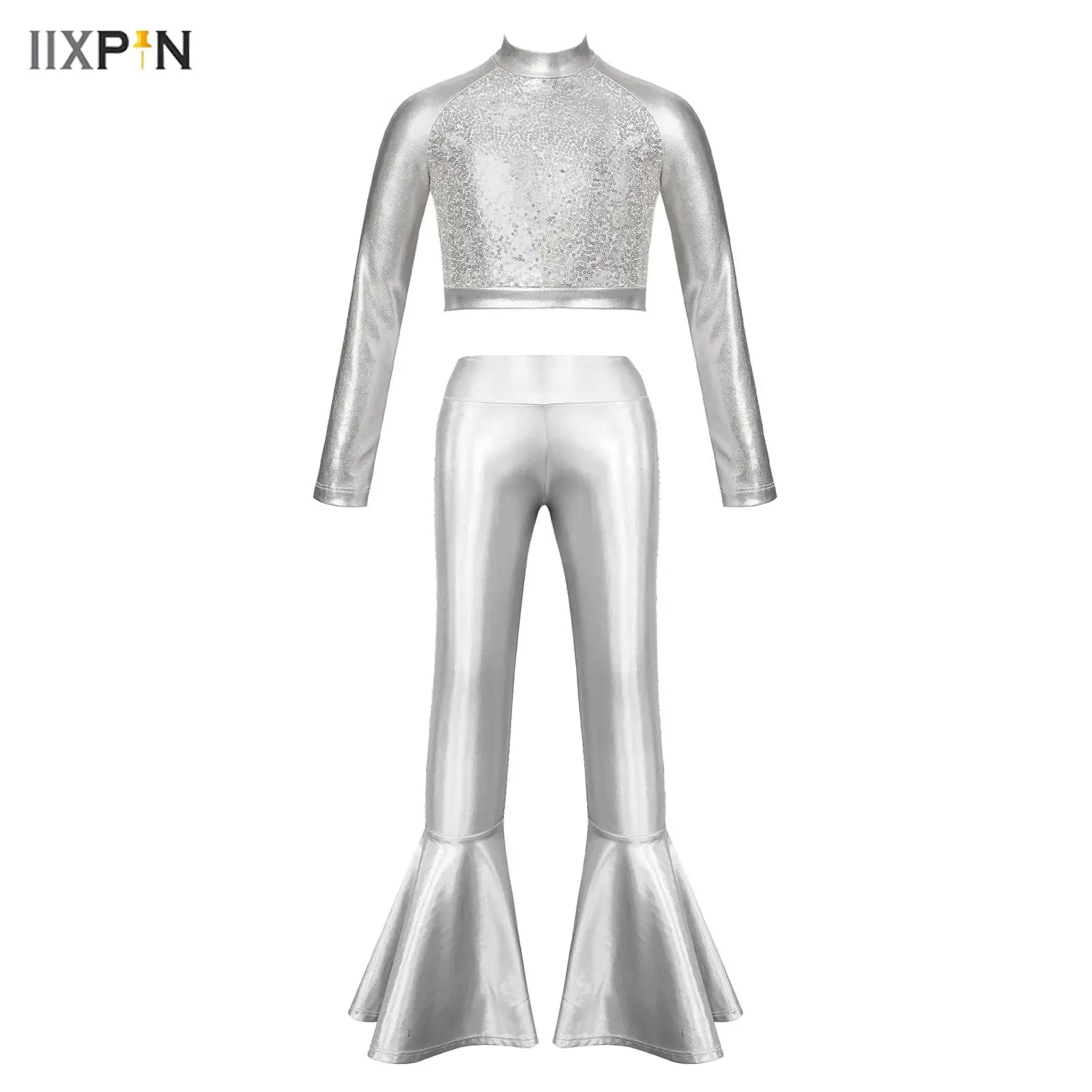 

Детские танцевальные комплекты для девочек в стиле хип-хоп с пайетками: укороченный топ с длинными рукавами и металлическим блеском, расклешенные брюки для джаза, бальных танцев и латины, костюм для выступлений