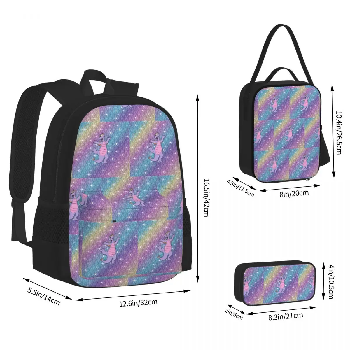 Epcot Figment Beacon Of Magic Backpacks Boys Girls Bookbag Students School Bags Kids Rucksack Lunch Bag Pen Bag Three-Piece Set