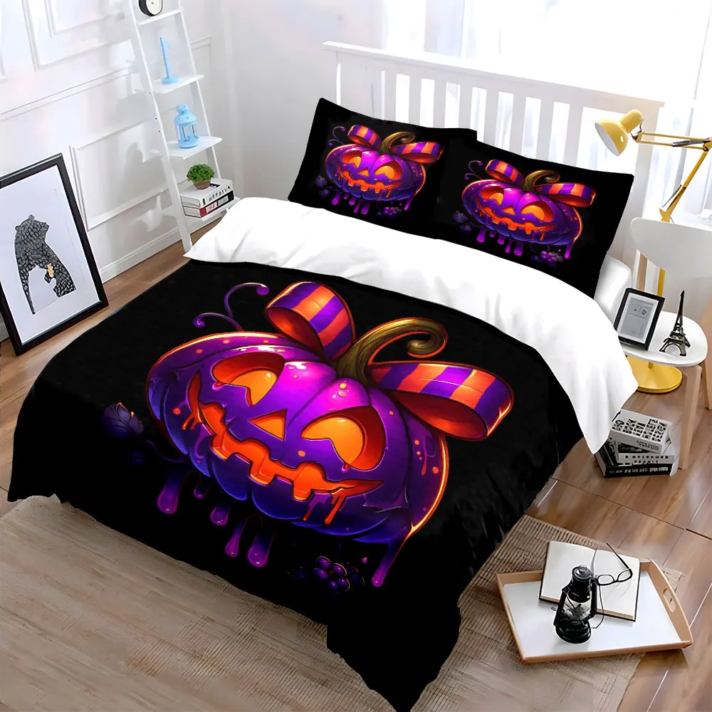 Halloween Pumpkin Decoration Set Soft Skin-Friendly Bedding Set Includes 1 Duvet Cover And 2 Pillowcase, Gift
