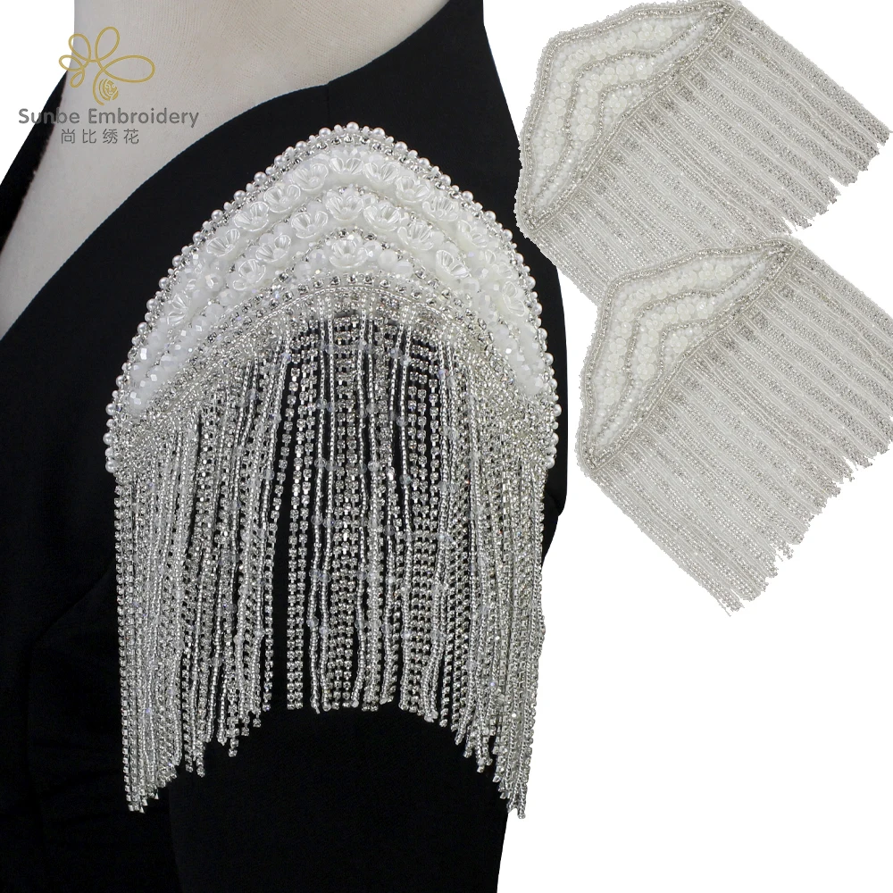 Crystal Tassel Fringe Epaulettes Shoulder Patches Flower Tassel Rhinestones  Epaulet Pin Back for Women Formal Dress 2pieces