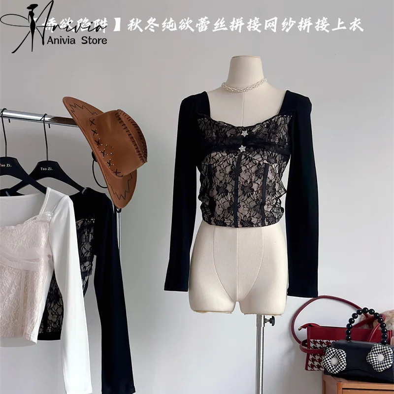 2024 New Women's Autumn/Winter Black Lace Panel Mesh Panel Top Square Neck Design Star Elegant Sexy Long Sleeve Fashion Y2K Top