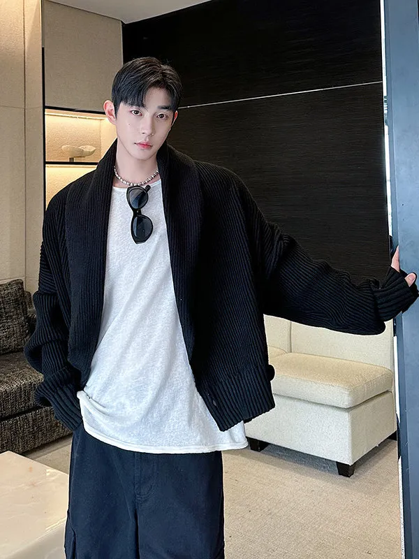 

Faionable Knitted Sweater Jaet Simple Design Large Collar Side Button Mid-Length Casual Wear Wool Blend Youth ex