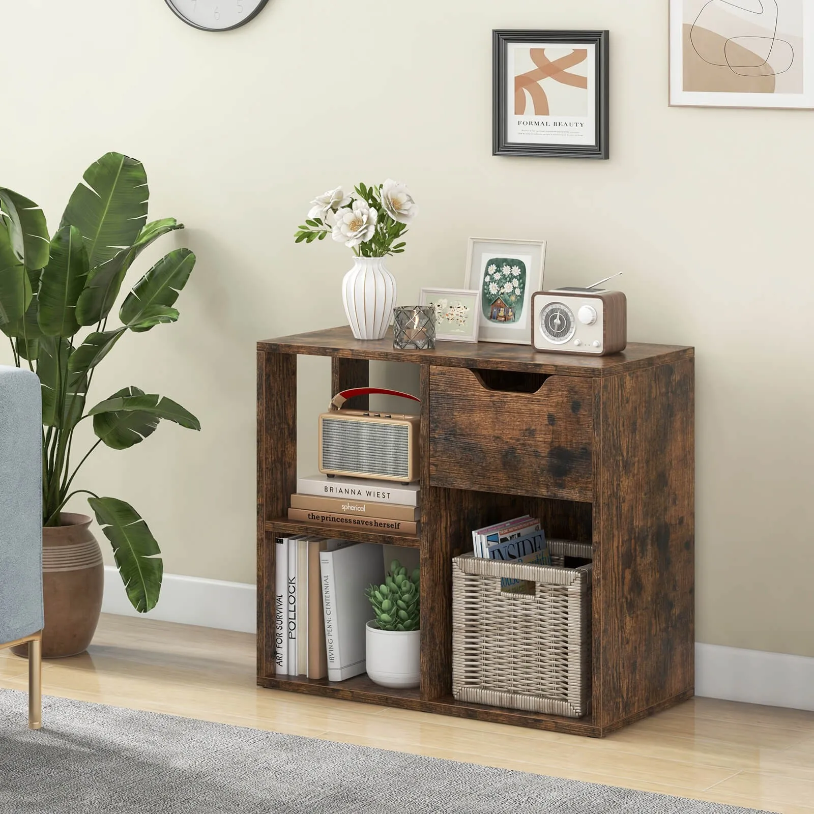

3-Cube Bookshelf 2-Tier Open Shelf Bookcase with Drawer Home Storage Organizer