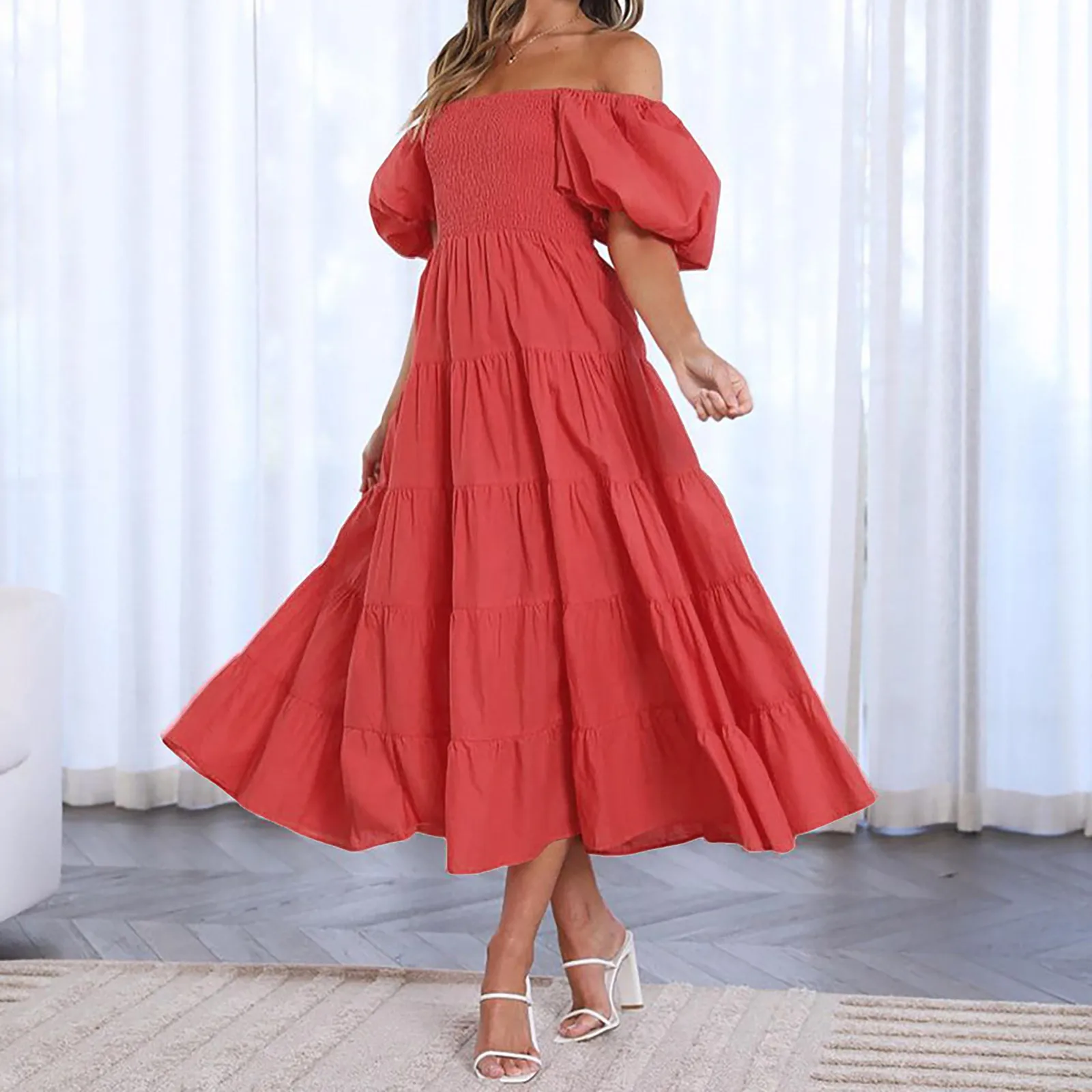 

Summer Elastic Boho A Line Dress Women's Square Neck Puff Sleeves Chic Beach Long Dress Korean Streetwear Sundress Vestidos