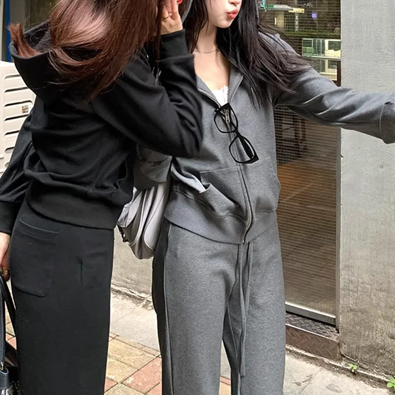 Solid Color Autumn Woman Tracksuit Zipper Loose Hoodie And Wide Leg Trouser Two Piece Set Casual Street Sporty Pant Set 2024