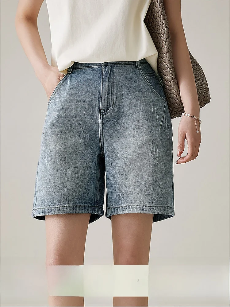 

Comfortable Vintage Blue Denim Shorts Women's High Waist Straight Leg Jeans Casual Spring Summer Breathable Stretchy Skinnies