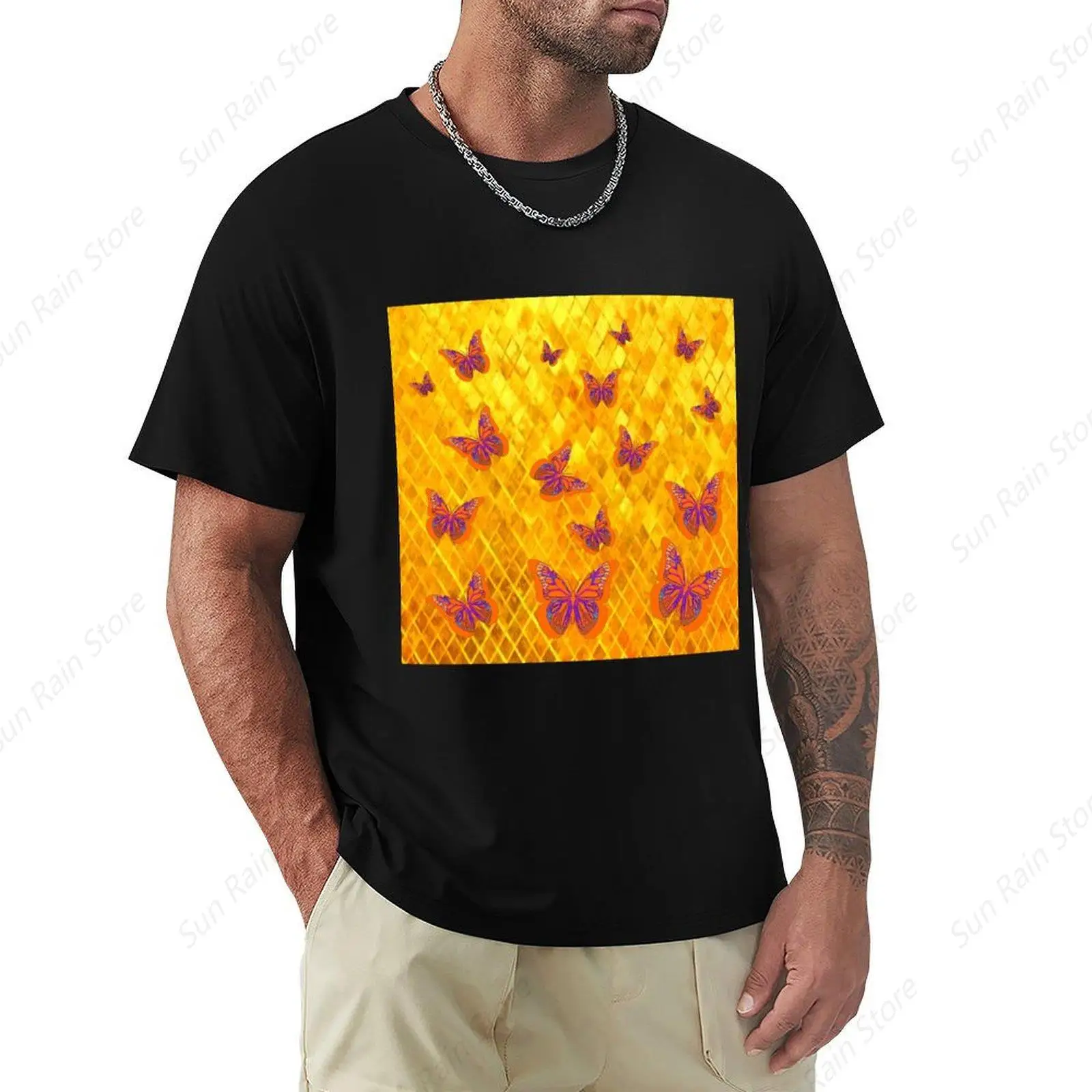 ORANGE FLUTTERING BUTTERFLIES YELLOW DIAMOND PATTERNS, T-Shirt customizeds sweat black t shirts for men