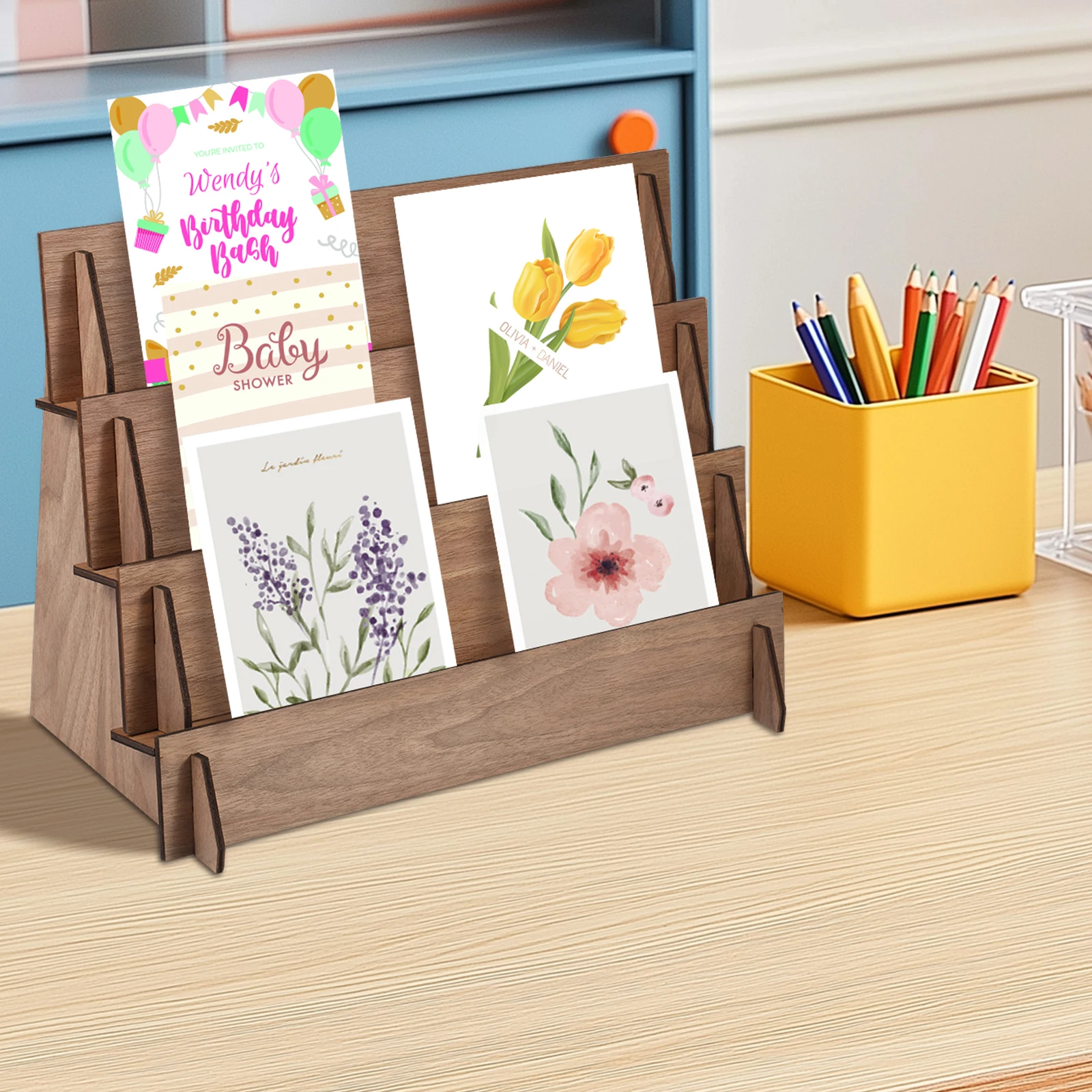 Card Display Stand Wood Postcard Display Stand 4 Layer Decorative Shelves Large Capacity Shelves Easy to Install Greeting Card