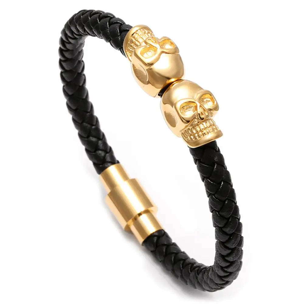 Leather Round Rope Bracelet Steel Magnetic Skull Electroplated Single Loop Leather Bracelet Skull Scalp Rope Bracelet