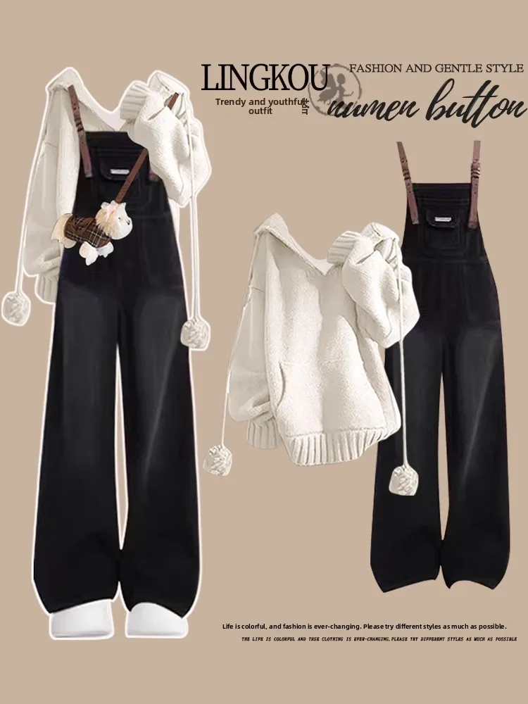 Sweet Sle Age-Defng Strickpullover und lockere Jeans-Overalls, zweiteiliges Set für Damen, Herbstsaison, Freizeitkleidung