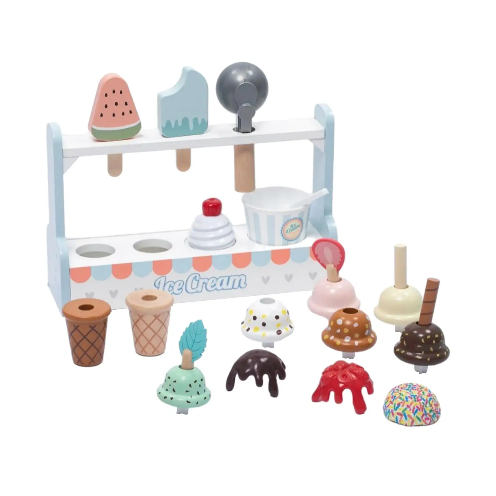 Wooden Ice Cream Set with Wooden Stand Food Toys Set for Children Kids Gifts