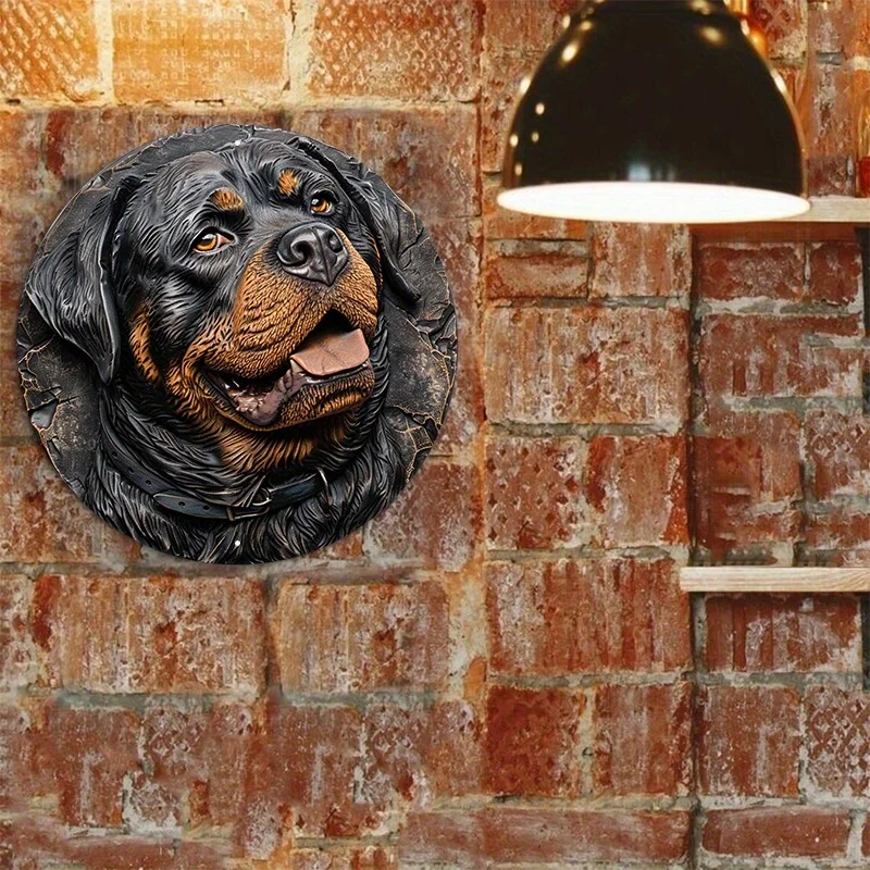 Large Round Aluminum Metal Sign, Decorative Rottweiler Dog Sculpture, Resin Coated, Weather Resistant, Door Hanger, 8x8in, 1PC