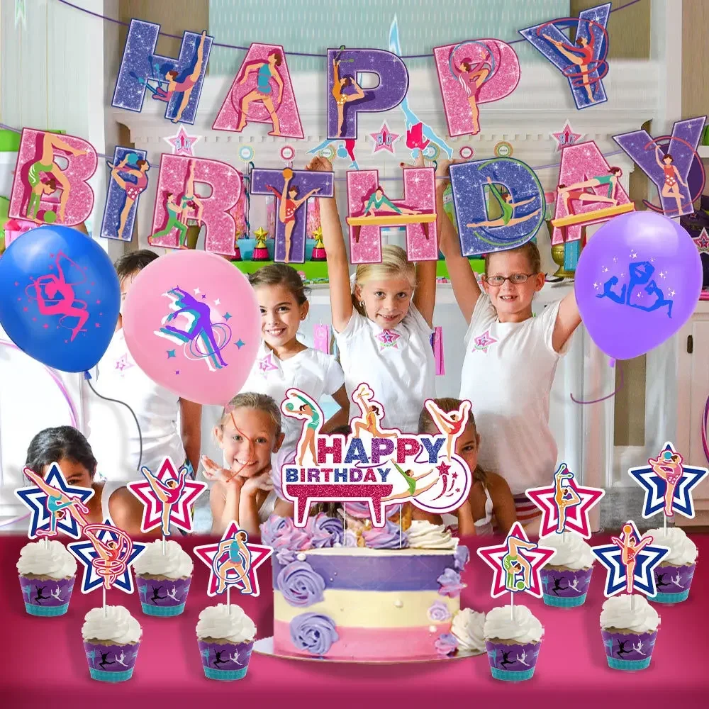 1Set Gymnastics Girl Birthday Party Decoration Gymnast Balloon Banner Cake Topper Gymnastics Theme DIY Party Decoration Sets