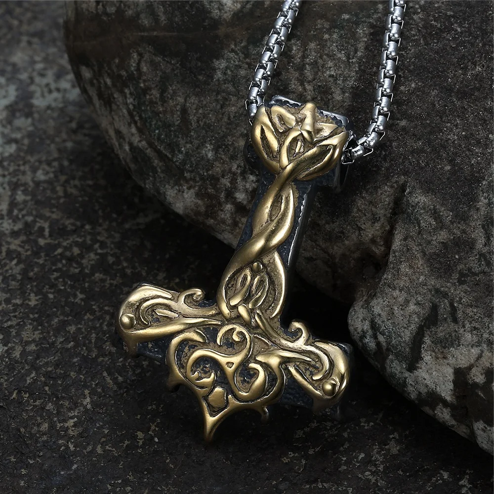 Men Vintage Thors Hammer Pendant Necklace Celtic Knot Mjolnir Necklace Stainless Steel Nordic Odin Runes Jewelry Gift Wholesale