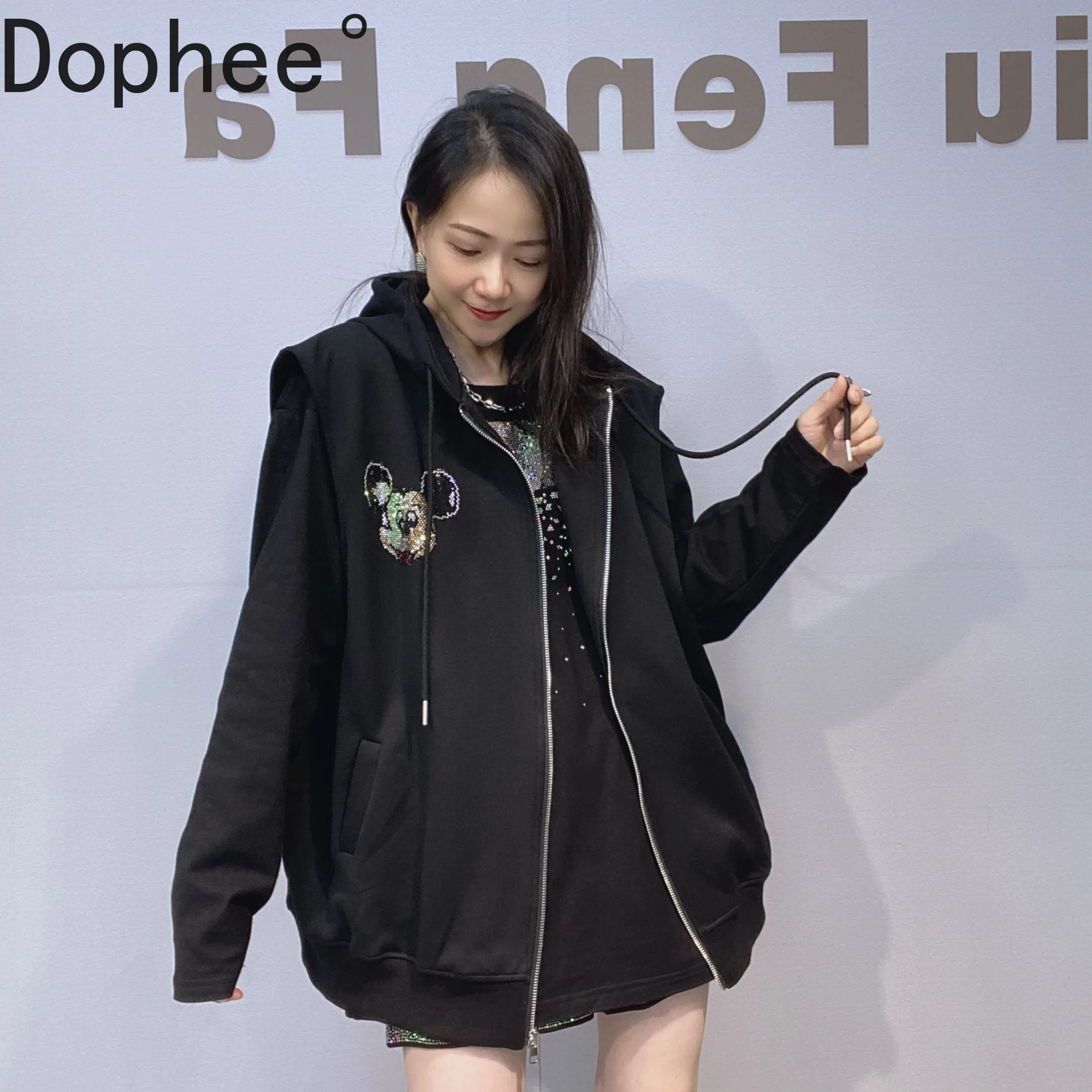 

Trendy New Autumn Mickey Diamonds Women Waistcoat Oversize Mid-long Sleeveless Hooded Jacket Casual Zip Cardigans Vests Tops