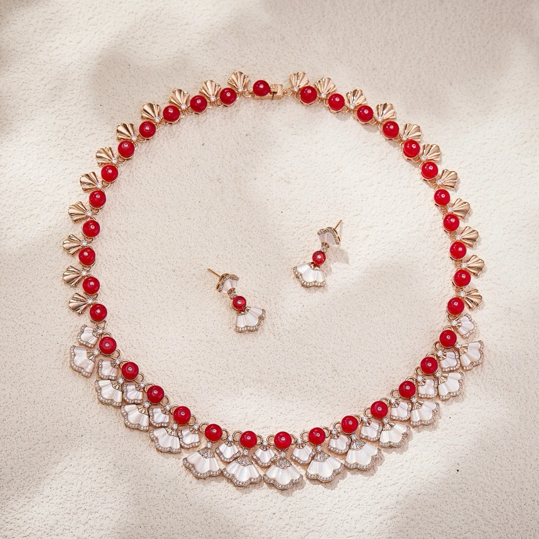EYER Luxury Charming AAA Zirconia Shell Fan Shaped Retro Red Necklace Earrings For Women Wedding Party Evening Dress Jewelry Set