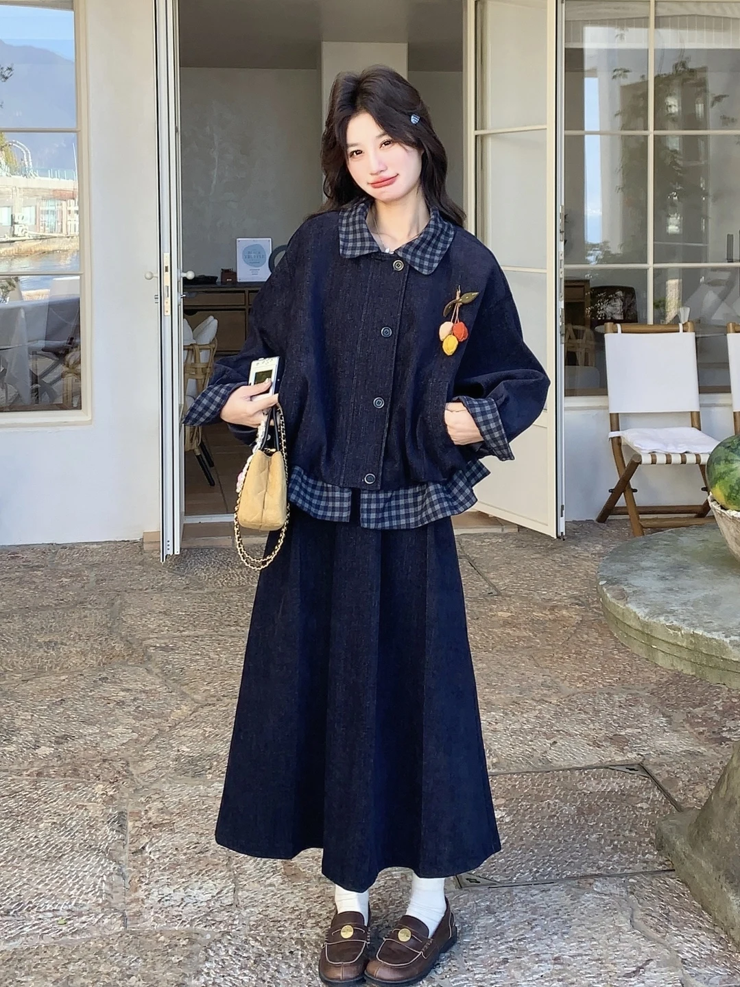 

Retro Plaid Patchwork Collar Jacket Skirt Set Women's Casual Spring Autumn New Style High Waist Loose Fit Fashion Set