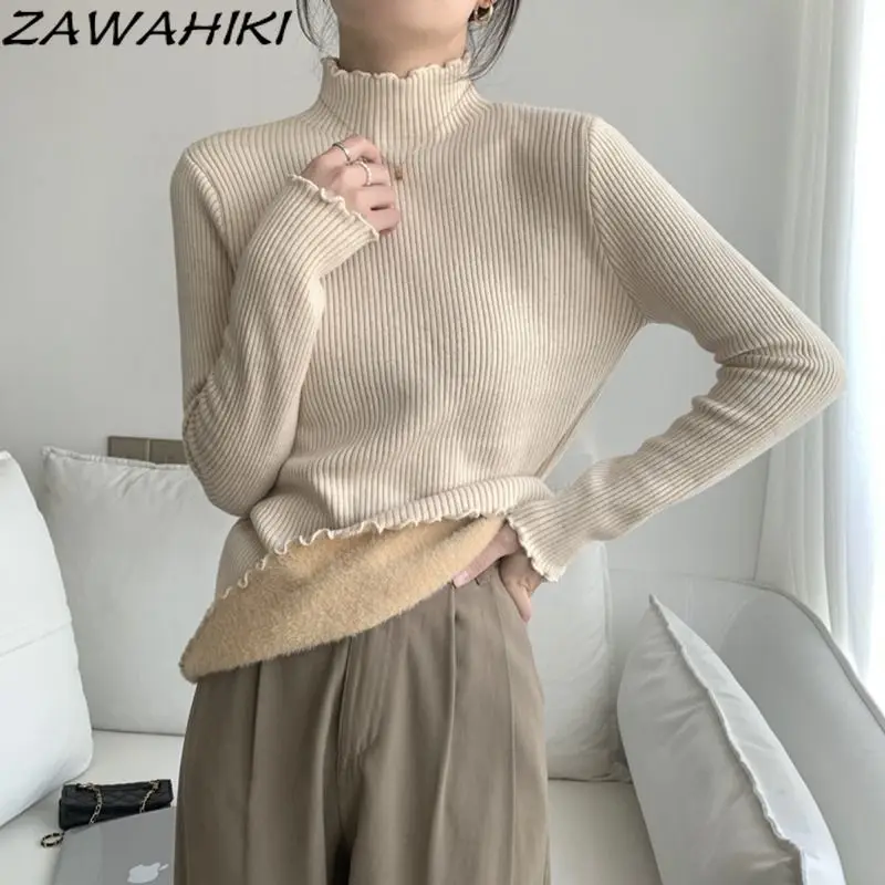 

Fall Winter New Arrive Slim Solid Color Mock Neck Knitted Bottoming Shirts for Women Minimalist All Match Ruffles Warm Sweater