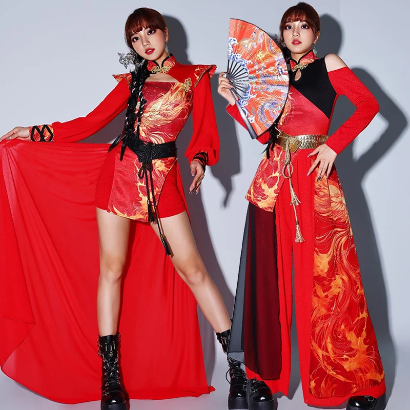 Chinese Style Jazz Dance Costume Women Stage Clothes Nightclub Party Show Outfit Red Chinese Clothing Adult Hip Hop Outfit 1337