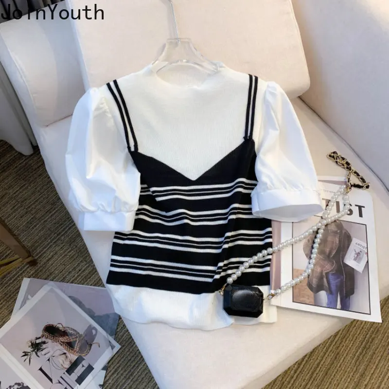 2023 Ropa Mujer Shirts for Women Chic Fake Two Tshirt Patchwork Contrast Color Knitted T Shirts Crop Tops Fashion Summer Tees