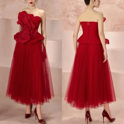 Customized Sexy Exquisite Tulle Handmade Flower Pleat Draped A-line Strapless Midi Dresses Bespoke Occasion Dresses Elegant