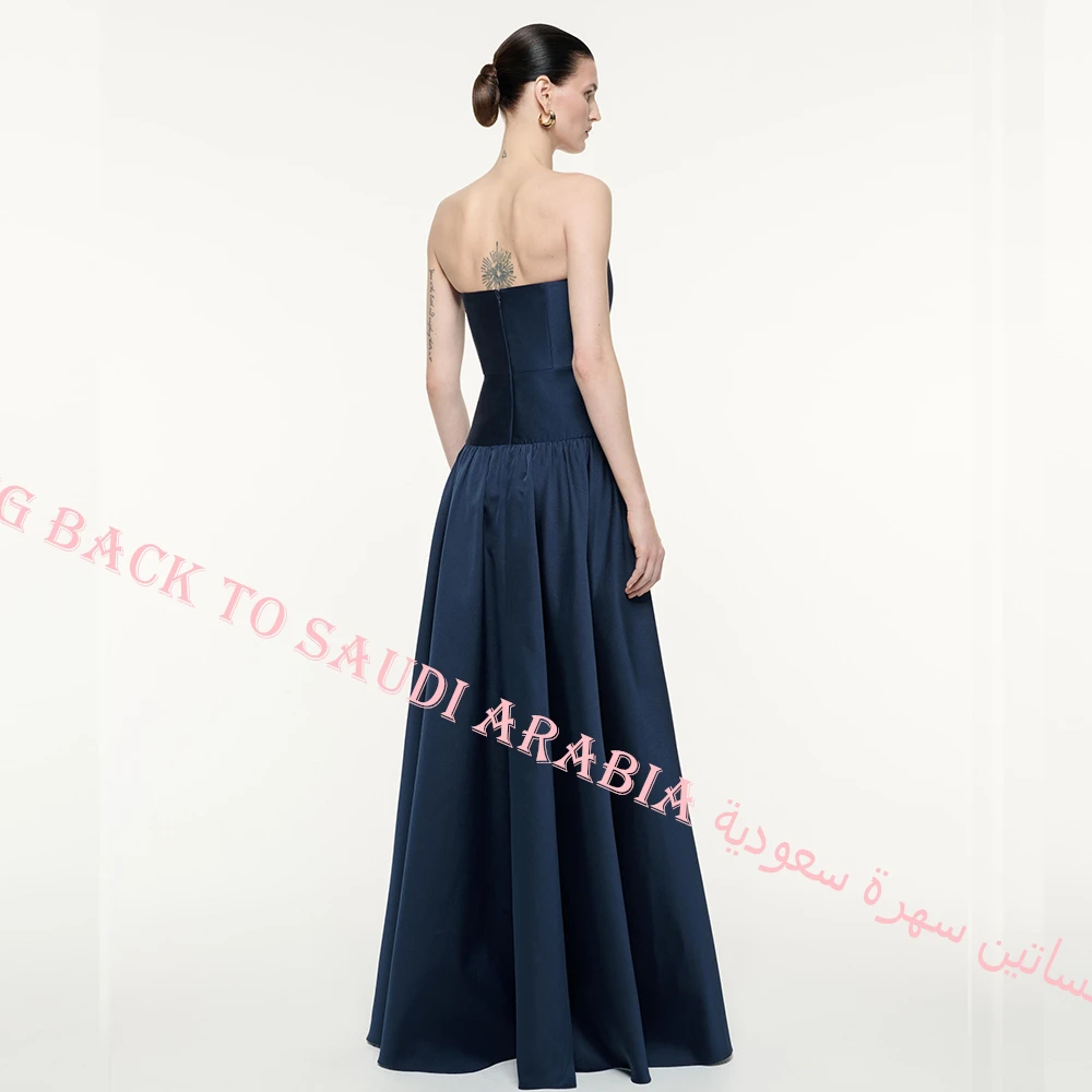 Robe de Soirée en Satin et Jersey Bleu Marine Personnalisée, Ligne A, Classique et Moderne, Sans Bretelles, Fermeture Éclair au Dos