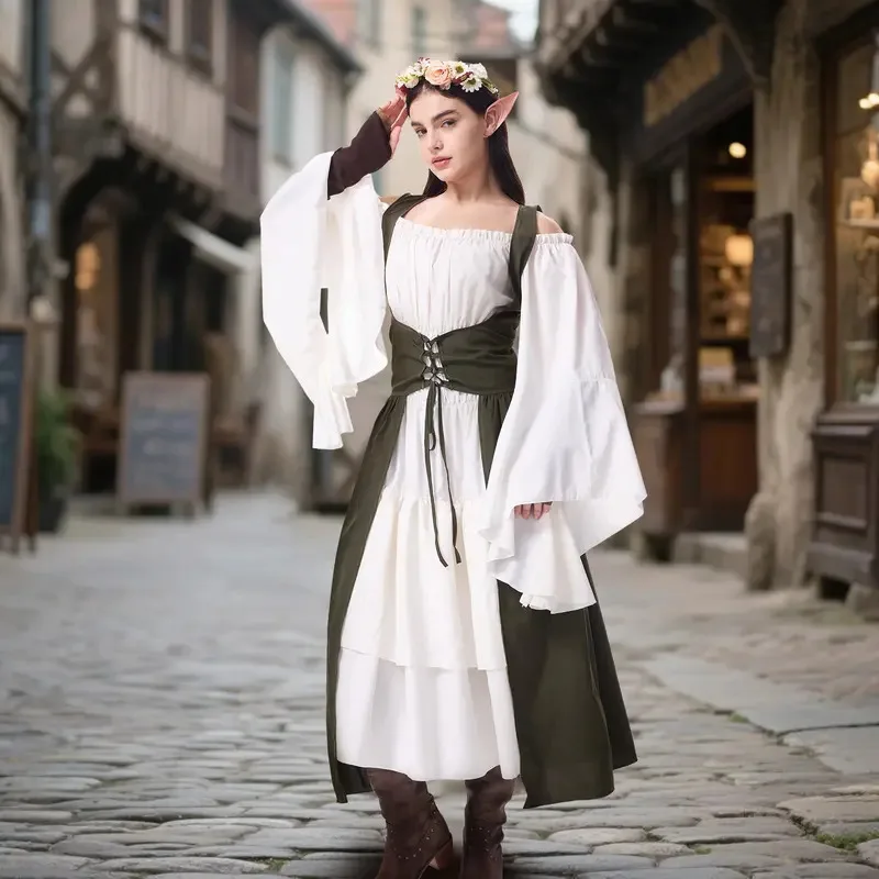 

Renaissance Fairy Costume Women Medieval Elf Green Victorian Princess Dress Ren Faire Outfit for Halloween Cospaly ty'4