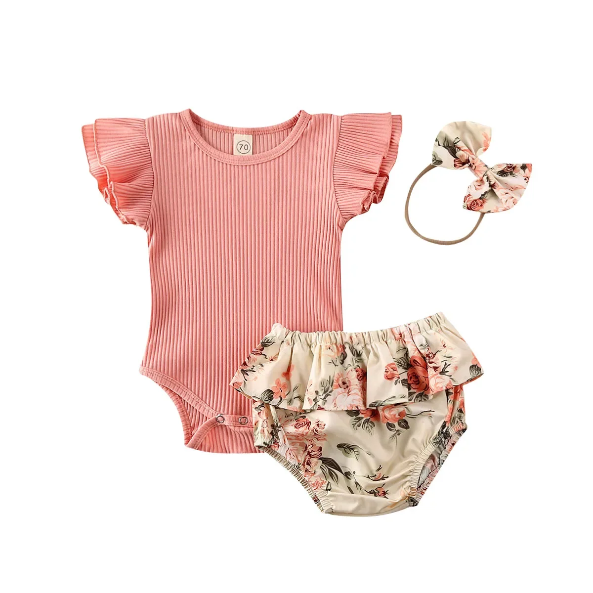 

Summer Infant Girl Ruffled Ribbed Bodysuit Floral Shorts Headband Set