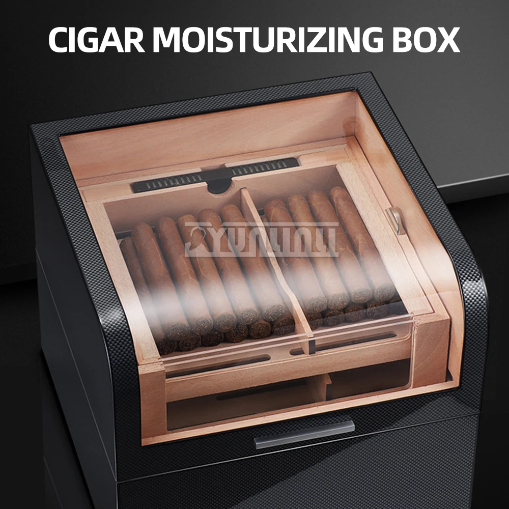 High-grade cigar box large capacity perspective skylight carbon fiber pattern cedar wood cigar moisturizing cigarette case