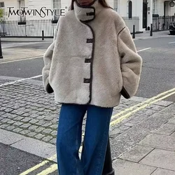 TWOTWINSTYLE Solid Patchwork Button Minimalist Jackets For Women High Neck Long Sleeve Temperament Coats Female Fashion Style