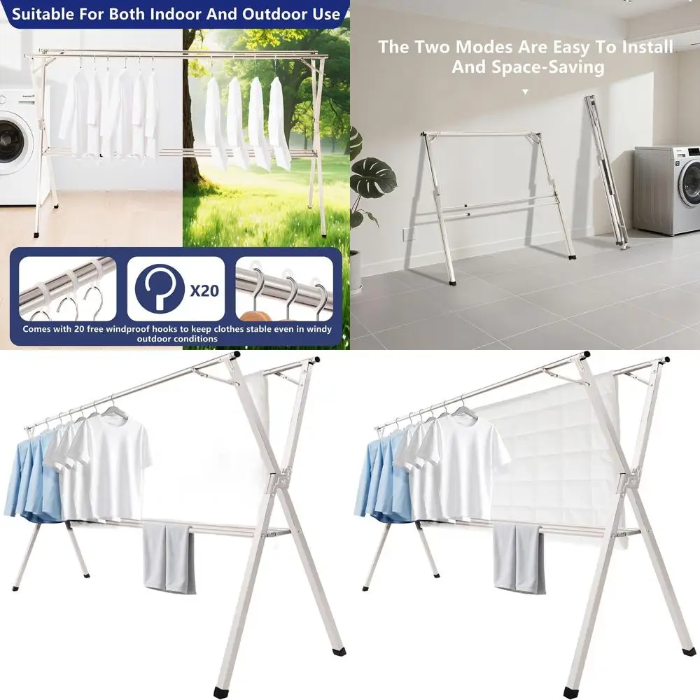 

Сверхмощная 63-складная сушилка для одежды с регулируемой длиной и 20 ветрозащитных крючками для использования в помещении и на открытом воздухе