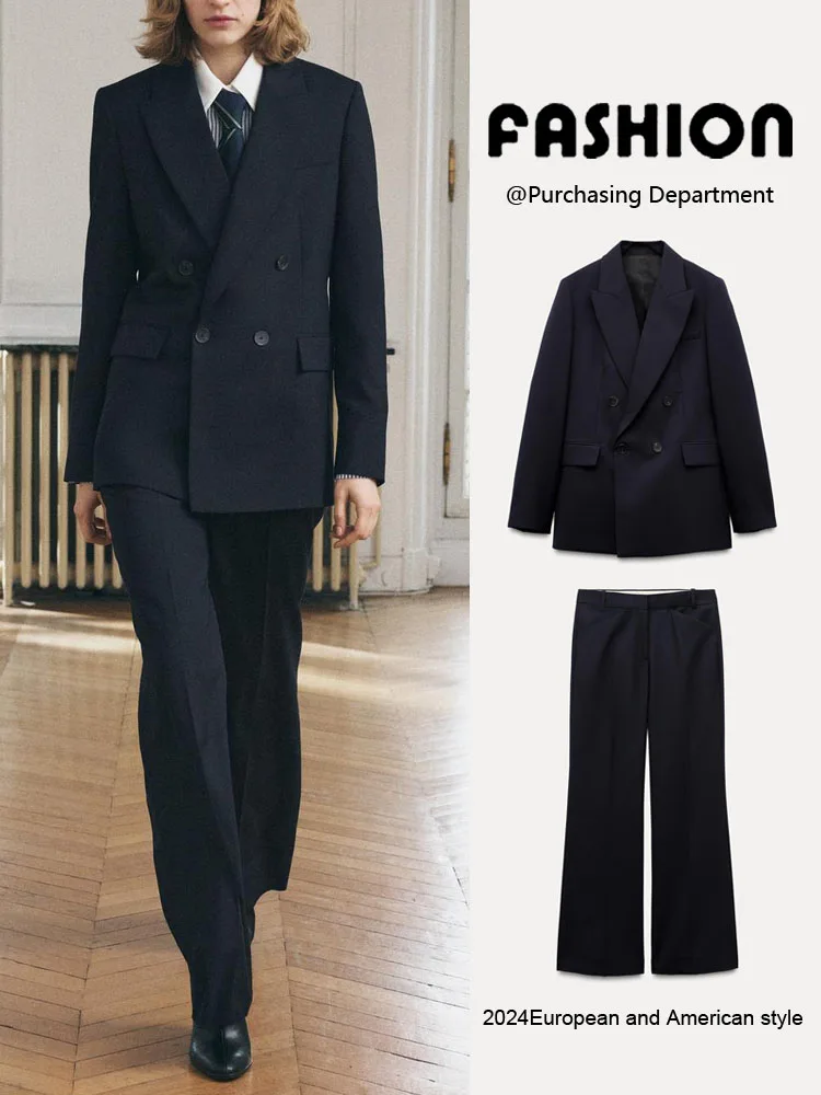 

New Arrival Autumn Double-Breasted Suit Jaet Slim Straight Pants Faionable Women's Set Straight Cut Pants Workwear
