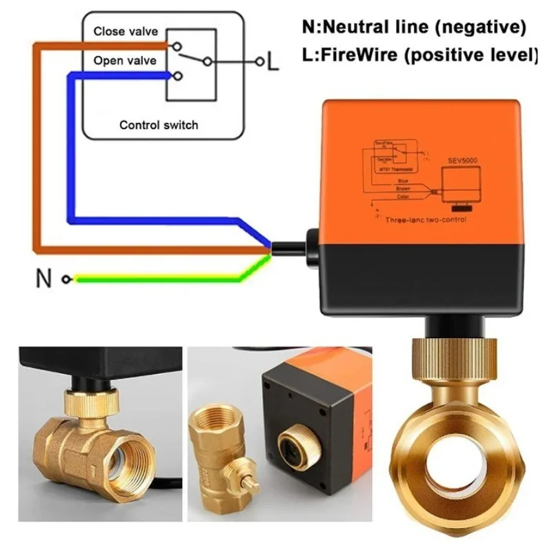 220V Orange Electric Ball Valve Three-Wire Two-Control Copper Miniature 2-Way NPT Threaded Fan Coil Actuator Valve