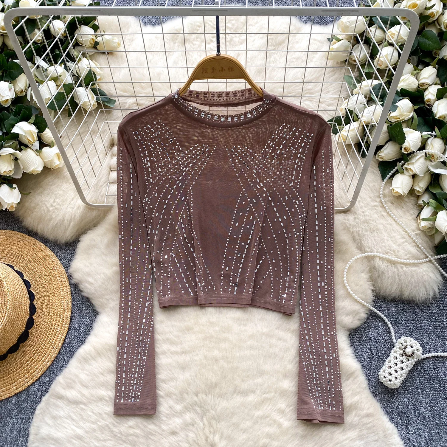 

Vintage rhinestone O-neck Long Sleeve Blouse Slim Elegant Korean Fashion Top Sexy Autumn Women Shirt
