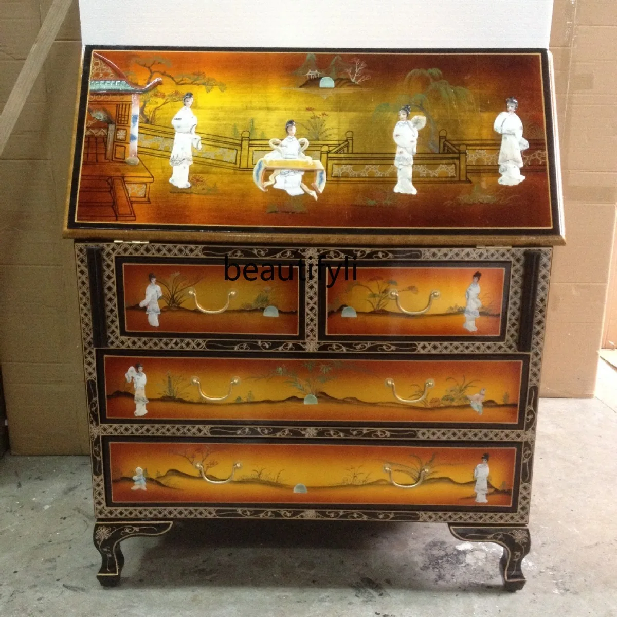 

Gold foil shell classical Chinese furniture flap folding four buckets storage foyer porch cabinet