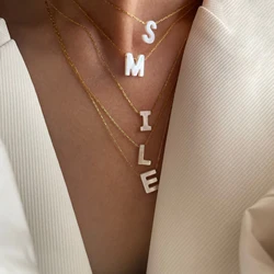 Peri'sbox Stainless Steel 26 Letter Natural Shell Pendant Necklace Women Imitation Pearl Fashion Metal Copper Stackable Jewelry