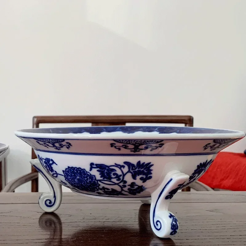 China Style Blue White Porcelain Tripod Fruit Plate Cy Dish for Living Room Restaurant  Server Cultural Decor