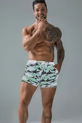 Summer Beach Swimming Trunks Men's Quarter Boxer Print Lace Up Plus Size Swimming Lining Straight Micro Elastic Sexy Shorts