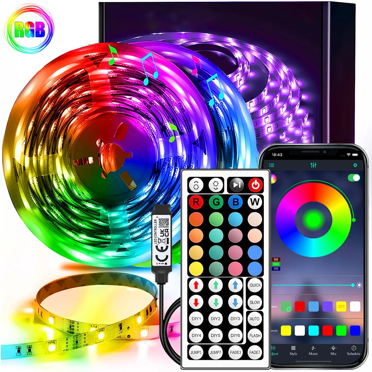 RGB LED Strip Light 1-40m with Music Sync, 44-Key Remote & APP Control, 5V USB Flexible Tape for Home TV Backlight Decor