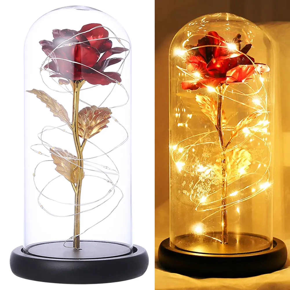 Red Gold Leaf Rose Flower Lamp In Glass Dome Enchanted Rose Present for Women, Wedding,Valentine's Day,Mothers’ Day, Anniversary