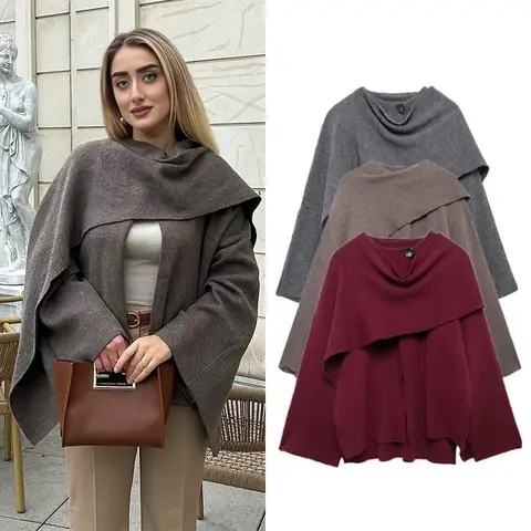 Chaqueta de Otoño Invierno para mujer, abrigo informal para ir al trabajo, abrigo holgado de punto de talla grande, chaqueta con bufanda elegante dividida asimétrica