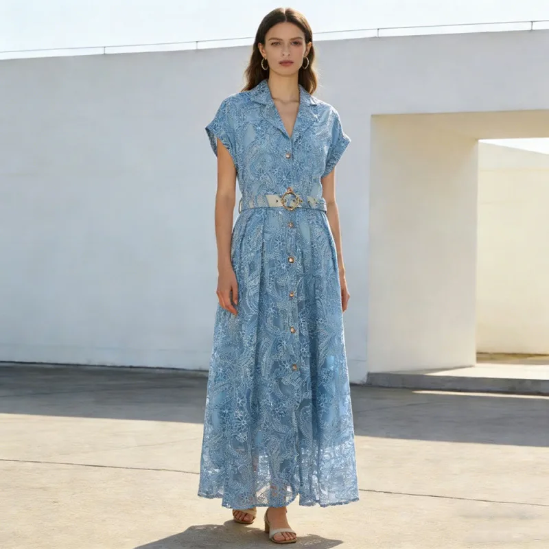 Ele Kant Geborduurde Bloemen Pak Kraag Dr Knop Taille Cinched Lange Dr Nieuwe Vakantie Sle Hoge Taille Zijde Materiaal