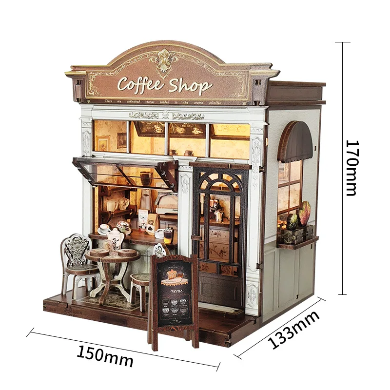 مجموعة منزل مصغرة DIY "عداد المقهى" ثلاثية الأبعاد من OUZEY - نموذج مقهى خشبي، هدية تجميع ألغاز إبداعية #1