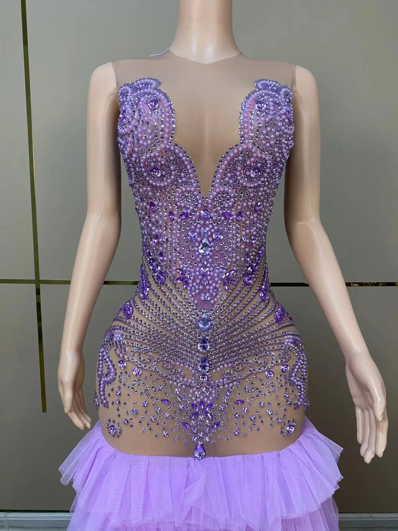 Sexy Stage Long Purple Rhinestone Prom Dress Mermaid Style Fitted Silver Purple Mesh Black Girl Prom Formal Photoshoot Gowns