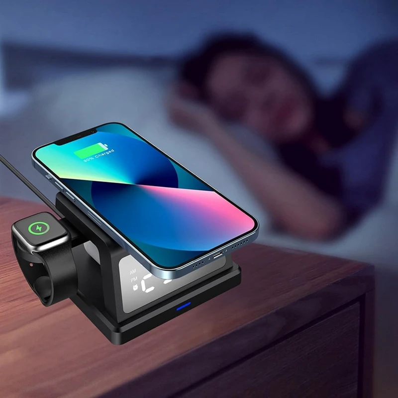 4 In1 Wireless Charger Alarm Clock With 15W Wireless Charger Stand Charging Dock For Mobile Phone Earphone Smart Watch