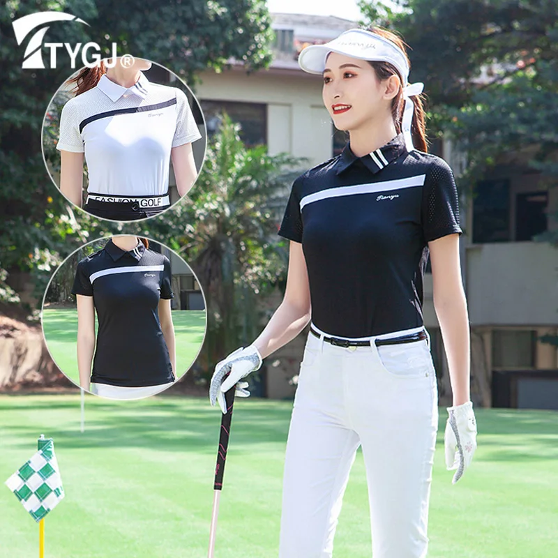 

TTYGJ Ladies Breathable Mesh Golf Shirt Women Fast Dry Short Sleeve Tops Ladies Patchwork Polo Sport T-shirt Summer Apparel