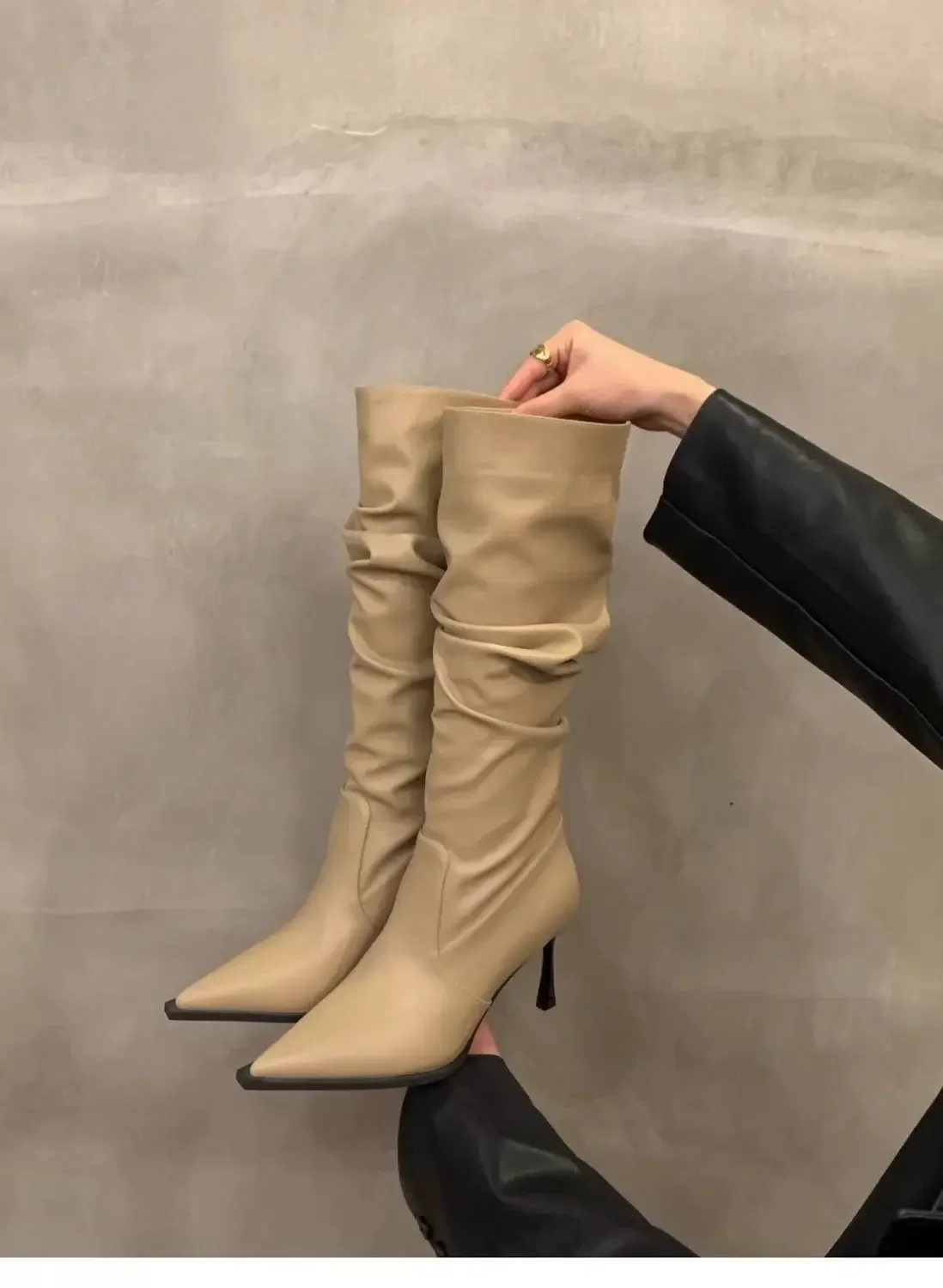 Plissierte Spitze Damen Langstiefel Street-Style High Heels Party-Stripper Damen Leder High Booties – Detail 14