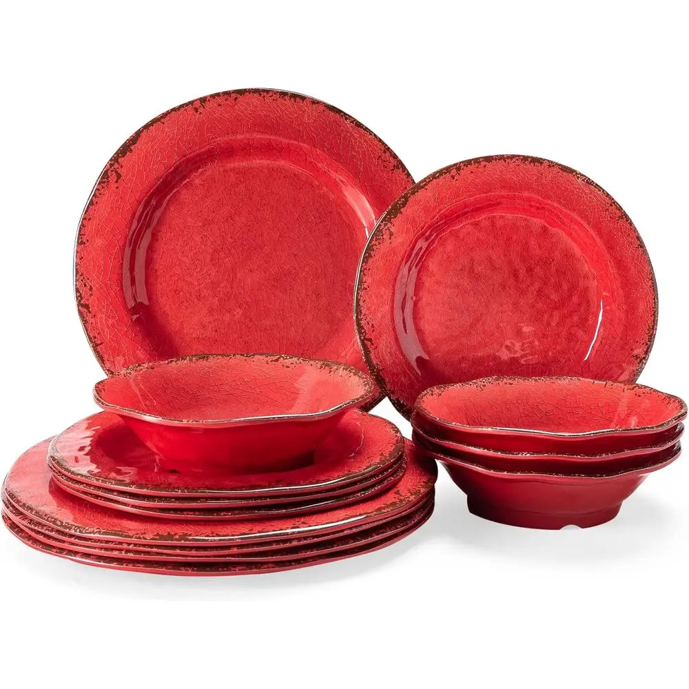 

12 Piece Melamine Dinnerware Set, Lightweight and Unbreakable Dishes, Perfect for Indoor and Outdoor Use, Red