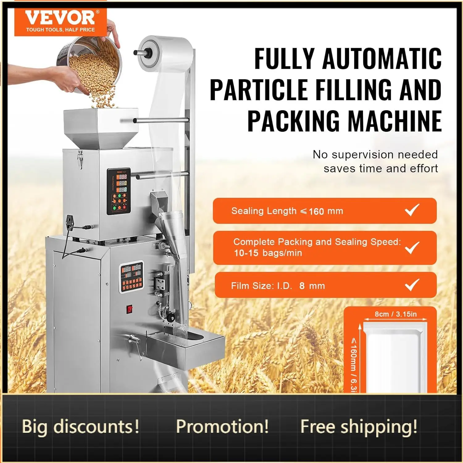 

VEVOR Automatic Particle Packaging Machine 1-100g, 10-15 Bags/min Filling Sealling Mchine, Multi-Function Weighing Packing Machi