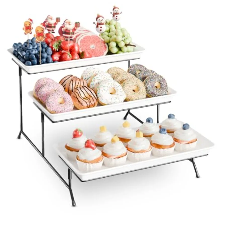 

Набор из 3-х уровневых меламиновых подносов для сервировки 14x7 дюймов, белые многоразовые подносы с черной металлической подставкой для кексов